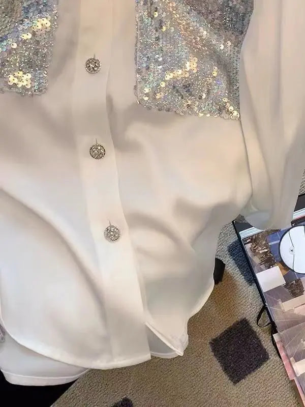Spring Autumn Fashion Turn-down Collar Long Sleeve Blouses Women's Clothing French Style Sequined Button Trend All-match Shirts