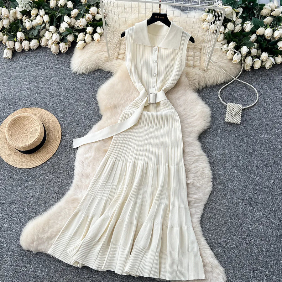 Ribbed Knit Dress Sleeveless Lapel Belt French Ins Chic Spring Summer Celebrity Style Feminine A-line Long Dress