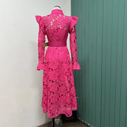 High quality French temperament water soluble lace single-breasted hollow long-sleeved dress