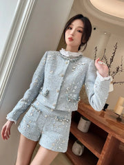 Elegant Women Autumn Shiny Sequined Diamonds Jacket Shorts Two Piece Set Slim Fit Party Outfits Office Ladies Work Matching Sets