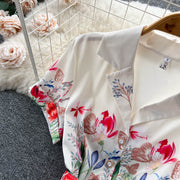 High Quality Belted Floral Print Short Sleeve Notched Neck Short Sleeve Vintage Flower Shirt Dress