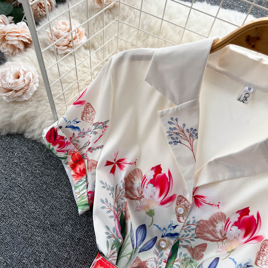 High Quality Belted Floral Print Short Sleeve Notched Neck Short Sleeve Vintage Flower Shirt Dress