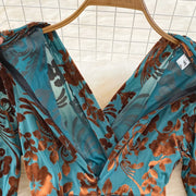 High Quality High Waist V Neck Elegant Print Pleated Pencil Dress