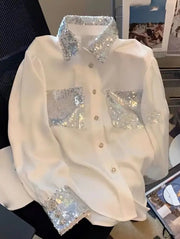 Spring Autumn Fashion Turn-down Collar Long Sleeve Blouses Women's Clothing French Style Sequined Button Trend All-match Shirts