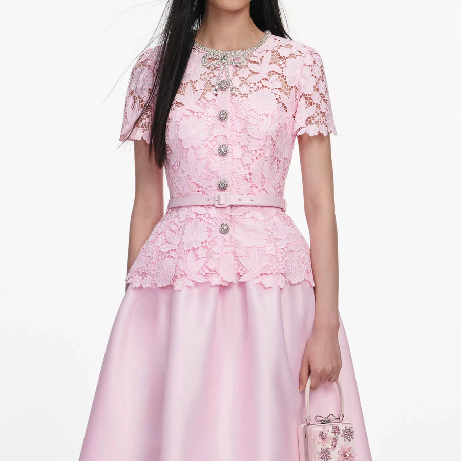 Elegant Beading Diamond Luxury Embroidery Prom Evening Dress Women Summer Short Sleeve Hollow Out Lace Patchwork Belt Long Dress