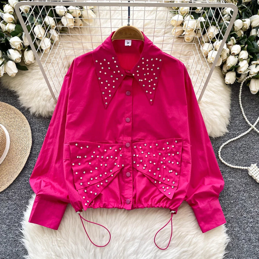 High quality long sleeve turn-down collar lace diamond beaded embroidery blouse