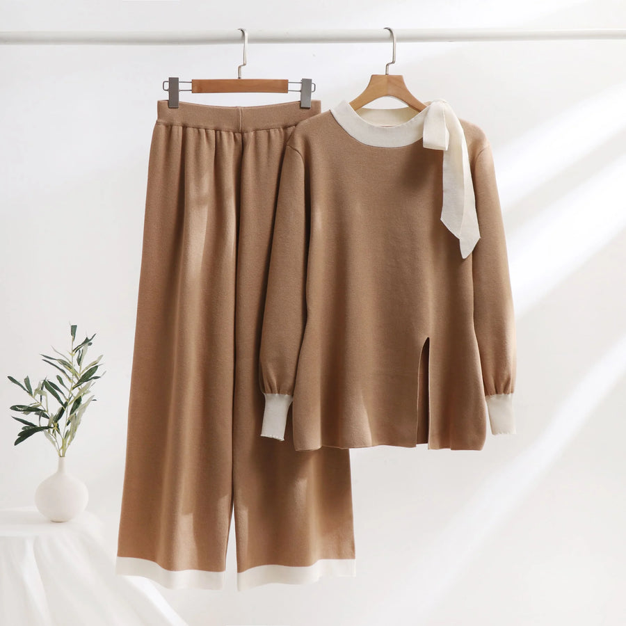 2 Piece Set Wide Leg Pants + Elegant Long Sleeve Crew Neck Front Slit Bow Sweater