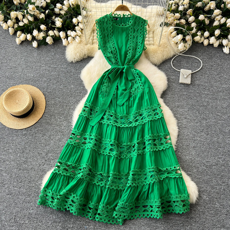 Sexy Hollow Out Embroidery Round Neck Sleeveless Bandage Long Dresses High Quality