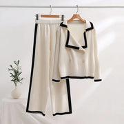 Lapel Casual Lazy Tops Sweater  female Pants Set Winter New Fashion Color-block Long-sleeved Pants Women Two-piece Set Elegant