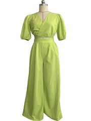 Elegant Summer 2 Piece Outfit V Neck Women's Clothing New Arrivals Trend  Bandage Blouse Wide Leg Pants Two Piece Sets Solid