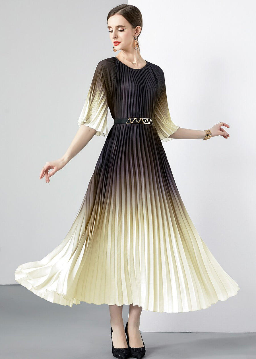 High Quality Vintage Oversized Loose Gradient Belt Lace Up O Neck Pleated Long Dress