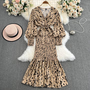 Retro Sweet V Neck Slim Lace -up Print Autumn Summer Elegant Elastic Dress A-line Long Sleeve Vacation Women Mermaid Dresses