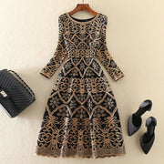 Dress Women 3/4 Sleeve 3D Gold Flower Embroidery Elegant Midi High Quality