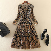 Dress Women 3/4 Sleeve 3D Gold Flower Embroidery Elegant Midi High Quality