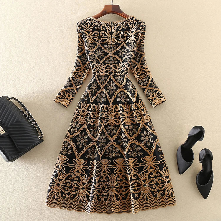 Dress Women 3/4 Sleeve 3D Gold Flower Embroidery Elegant Midi High Quality