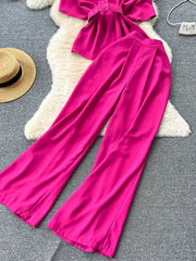 Royal style two-piece set, off-shoulder with high-quality wide-leg pants