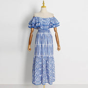 High Quality Double Layer Ruffle Embroidery Off Shoulder Elastic Waist Maxi Dress