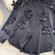 High-quality vintage high-neck loose blouse, elegant, long-sleeved, three-dimensional floral print