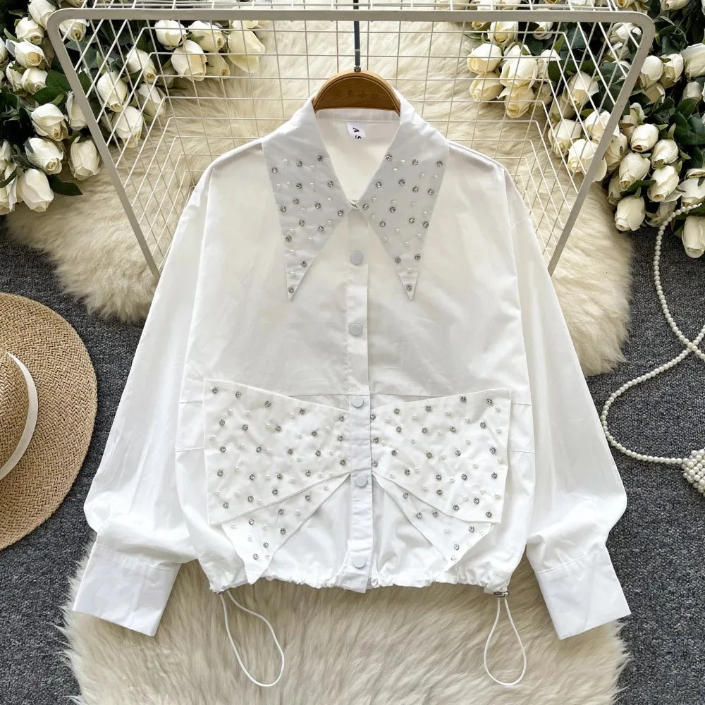 High quality long sleeve turn-down collar lace diamond beaded embroidery blouse