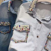 Women Rainbow Diamonds Denim Shirts Spring Summer Rhinestones Double Pockets Jeans Blouses Crystal Cowboy Cardigan Tops Blusas