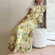 High Quality Round Neck Lace-up Backless Sleeveless Ruffle Pleated Floral Dress