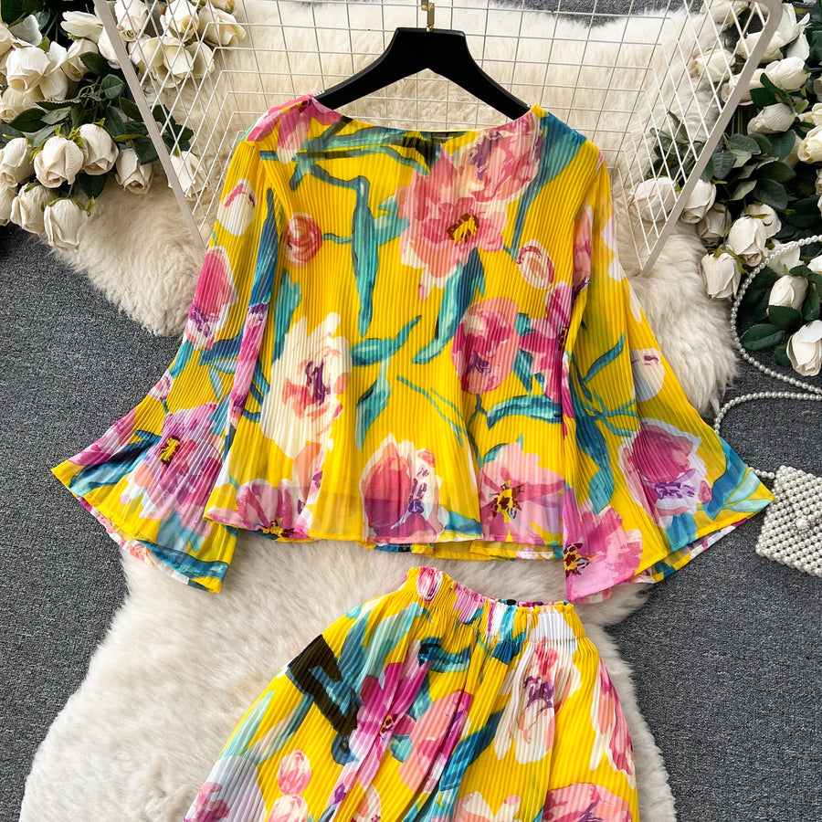 Autumn Women Draped Two Piece Set Bohemian Female Floral Pleated Short Blouse + High Waist Wide Leg Pants Chiffon Suit 2Pcs New