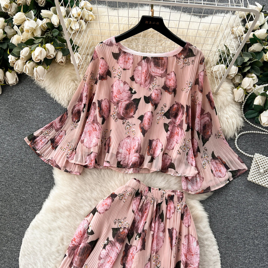 Autumn Women Draped Two Piece Set Bohemian Female Floral Pleated Short Blouse + High Waist Wide Leg Pants Chiffon Suit 2Pcs New