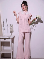 Sweet Pink Lace Collar Women Vest Sets Loose Fit Multi Pocket Sleeveless Jacket Two-Piece Set Full Length Wide Leg Pant Outfits