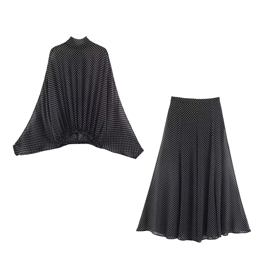 Vintage Polka Dot Women Sets Chiffon Bow Tie Loose Blouses Loose Long Skirts Fashion  Spring Summer Holiday Suits