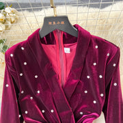 High Quality Long Sleeve V Neck Thick Velvet Diamond Embellished Dress