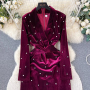 High Quality Long Sleeve V Neck Thick Velvet Diamond Embellished Dress