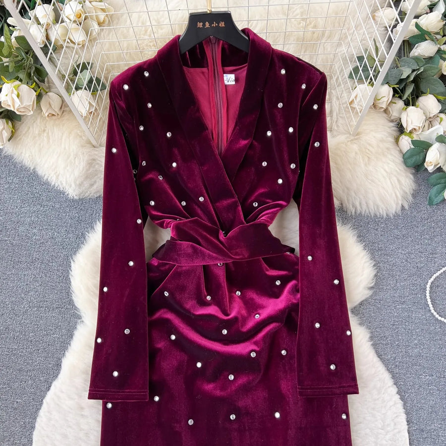 High Quality Long Sleeve V Neck Thick Velvet Diamond Embellished Dress