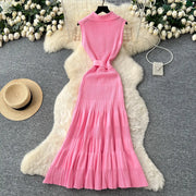 Ribbed Knit Dress Sleeveless Lapel Belt French Ins Chic Spring Summer Celebrity Style Feminine A-line Long Dress