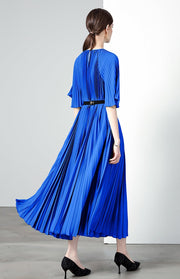 High Quality Printed Round Neck Lace Up Belt Maxi Pleated Long Dress