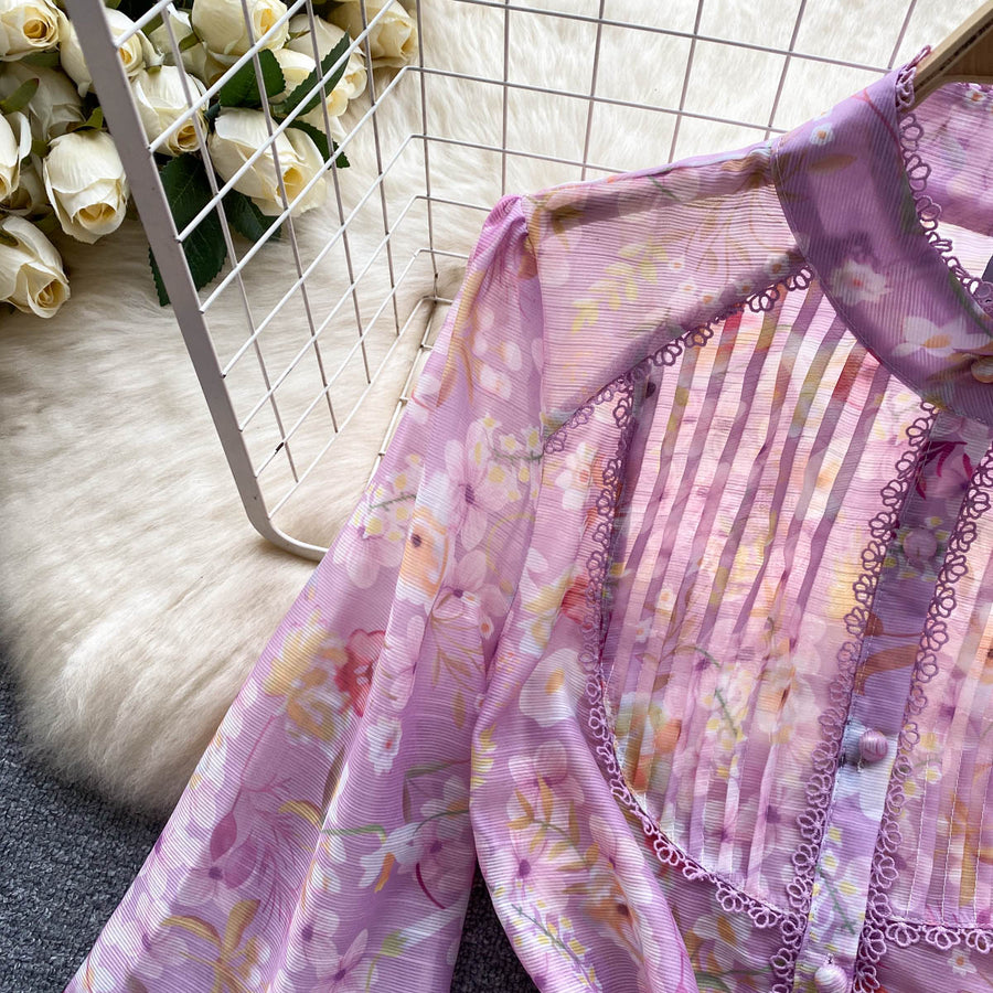 High Quality Belted Lantern Sleeve High Neck Floral Dress