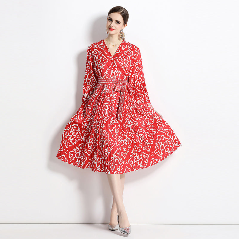 High Quality Vintage Floral Print Cross V Neck Long Sleeve Pleated Midi Dress