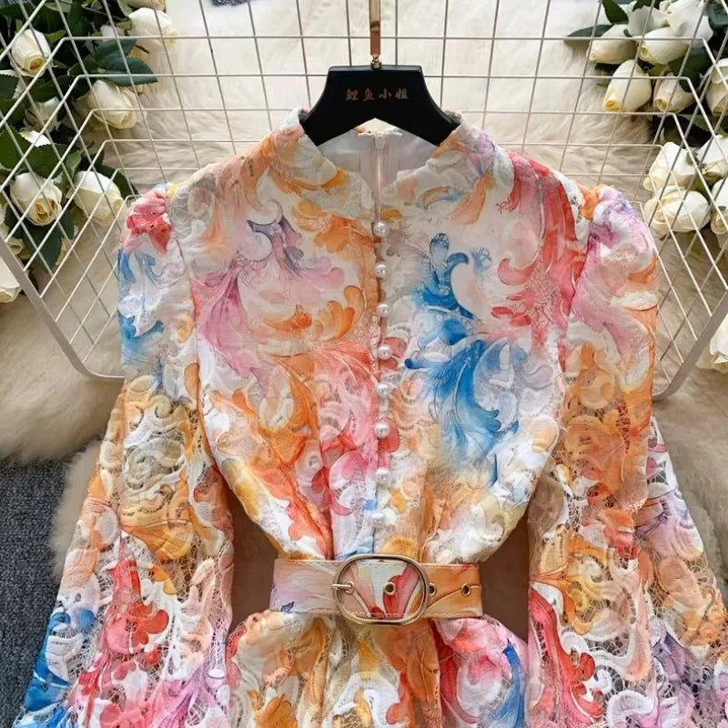 European and American court style bubble sleeve dress women's summer mesh hollow hook flower design temperament long skirt