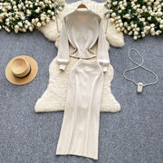 High quality two piece outfits with long sleeves and turn-down collar, buttons and pencil skirt