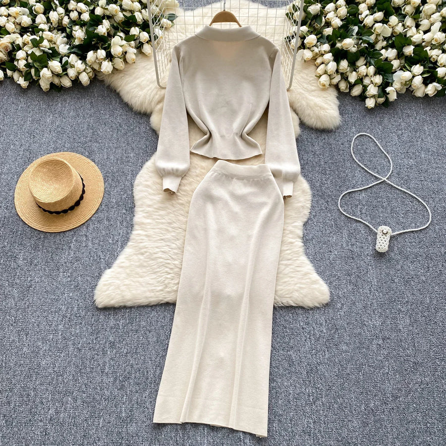 High quality two piece outfits with long sleeves and turn-down collar, buttons and pencil skirt