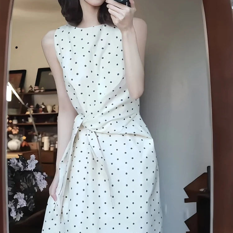 White Sleeveless Vest Dots Dress Summer New Beautiful Waist Cinching Slimming Long Skirt Commute Style Tie Waist Regular Fit