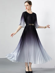 High Quality Vintage Oversized Loose Gradient Belt Lace Up O Neck Pleated Long Dress