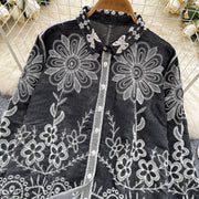 Basic loose long-sleeved polo-neck blouse embroidered with flowers and French-style hook