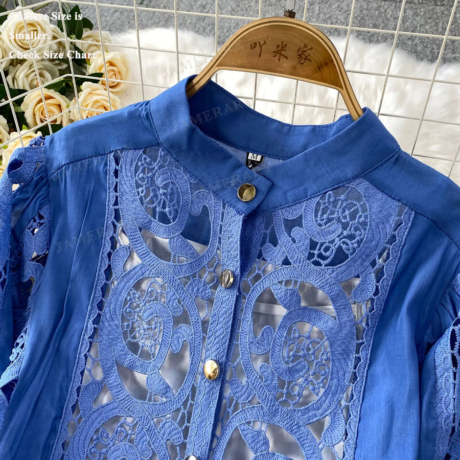 Summer Embroidery Maxi Dress Two Piece Set Women Blue Hollow Lace Long Sleeve Blouse Shirts 3pcs Sets Elastic Waist Skirts Suits