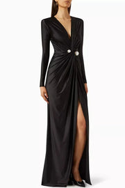 Women's Solid Color Pleated Split Front Tied Waist Bodycon Long Sleeves Deep V Neck Maxi Party Dresses