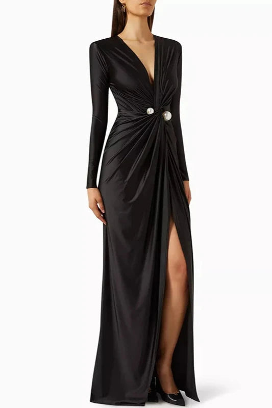 Women's Solid Color Pleated Split Front Tied Waist Bodycon Long Sleeves Deep V Neck Maxi Party Dresses
