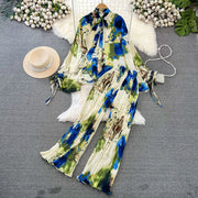 Elegant two-piece set pleated summer chiffon shirt + high-quality floral print pleated wide-leg pants