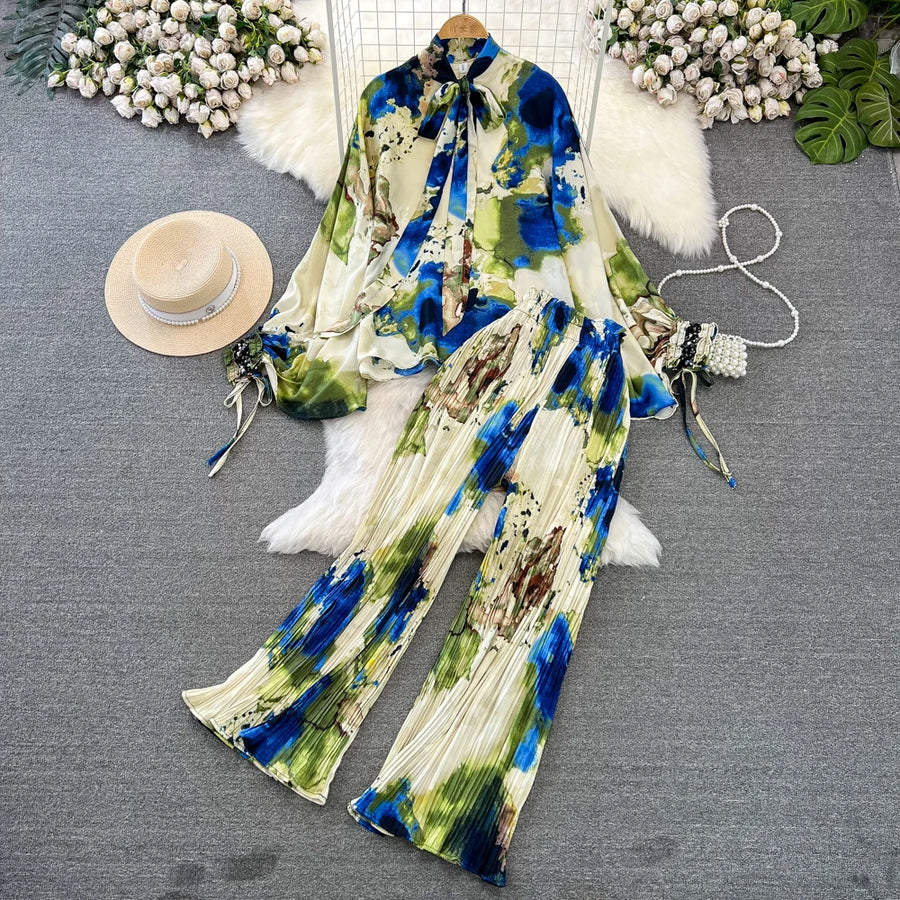 Elegant two-piece set pleated summer chiffon shirt + high-quality floral print pleated wide-leg pants