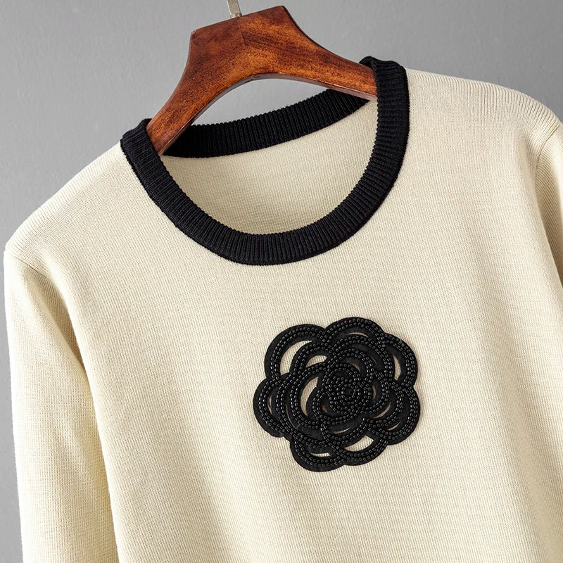 Casual Knitted Two Piece Sets Floral Sweater+Pants High Quality