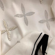 Patchwork Short Sleeve Round Neck Beaded Knitted T-shirt