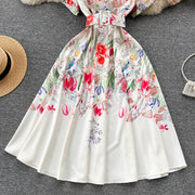 High Quality Belted Floral Print Short Sleeve Notched Neck Short Sleeve Vintage Flower Shirt Dress